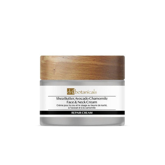 Jar of Dr. Botanicals shea butter avocado chamomile face and neck cream on a white background