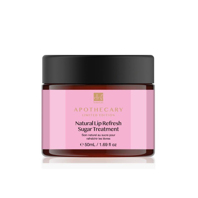 Pink jar of Apothecary Natural Lip Refresh Sugar Treatment on a white background