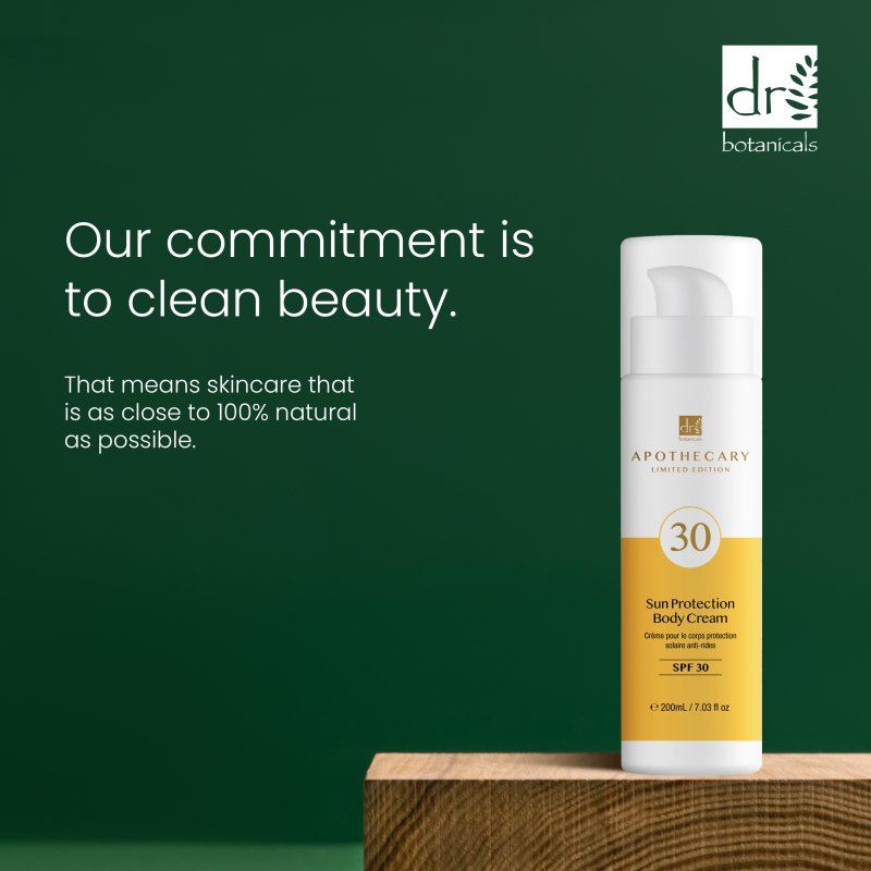 Sun protection body cream bottle with Dr Botanicals branding on a green background