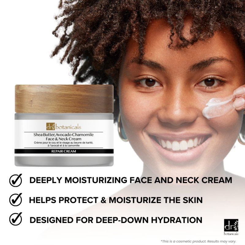 Woman applying cream to her face with a jar of cream next to her, featuring text about the product's benefits.