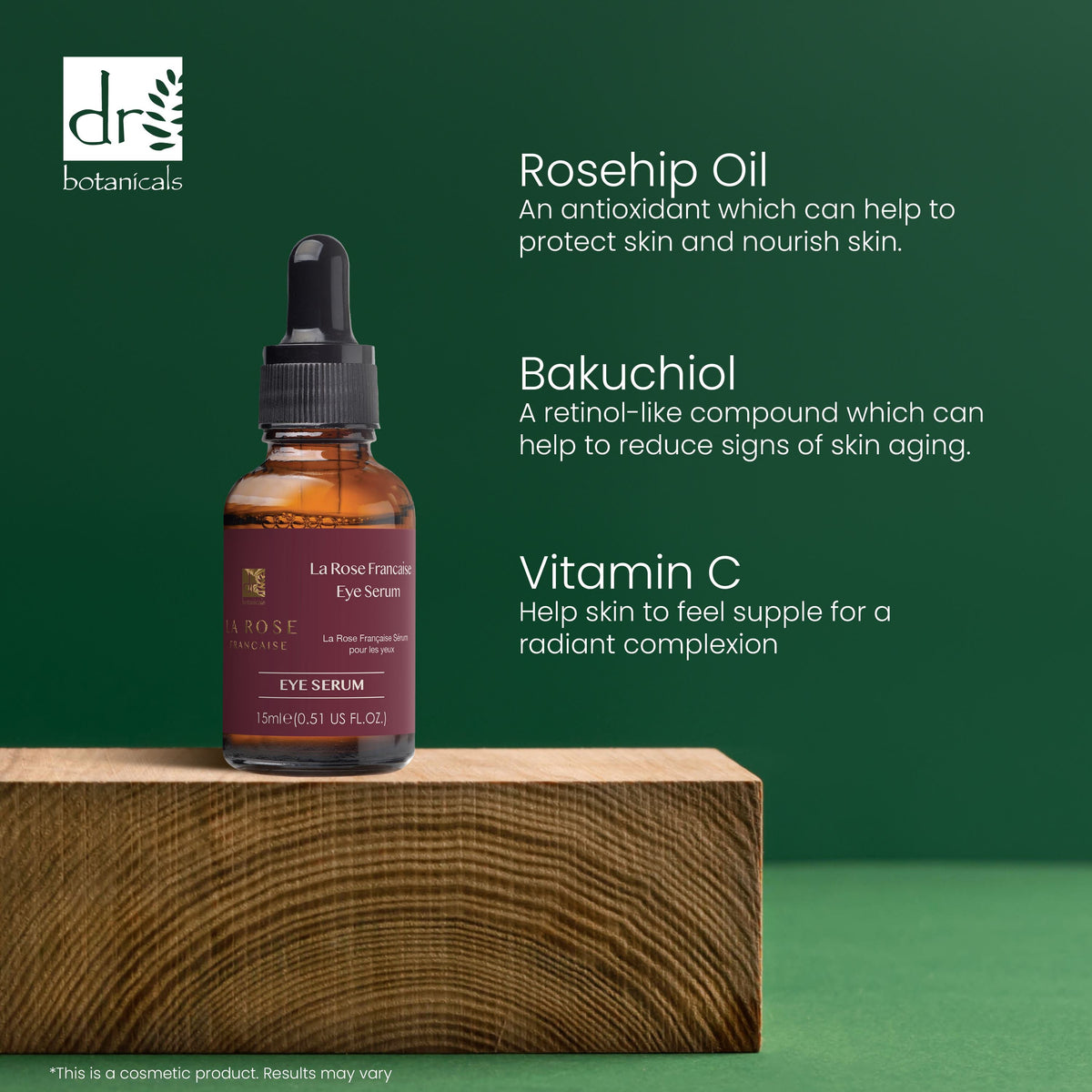 Eye serum bottle with text about rosehip oil, bakuchiol, and vitamin C on a green background