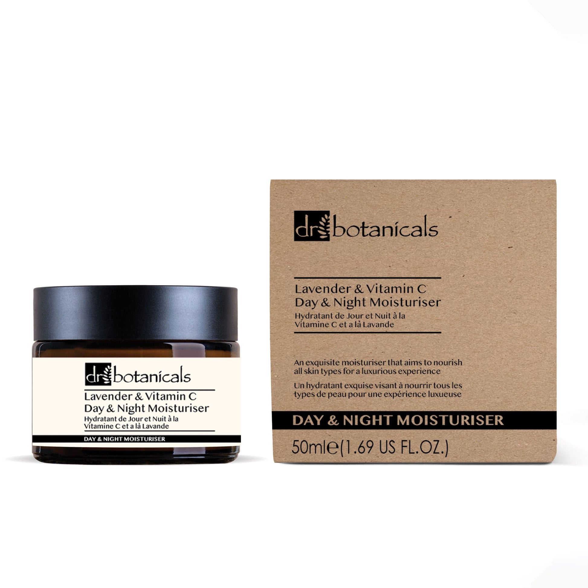 Dr. Botanicals Lavender & Vitamin C Day & Night Moisturizer with packaging on a white background