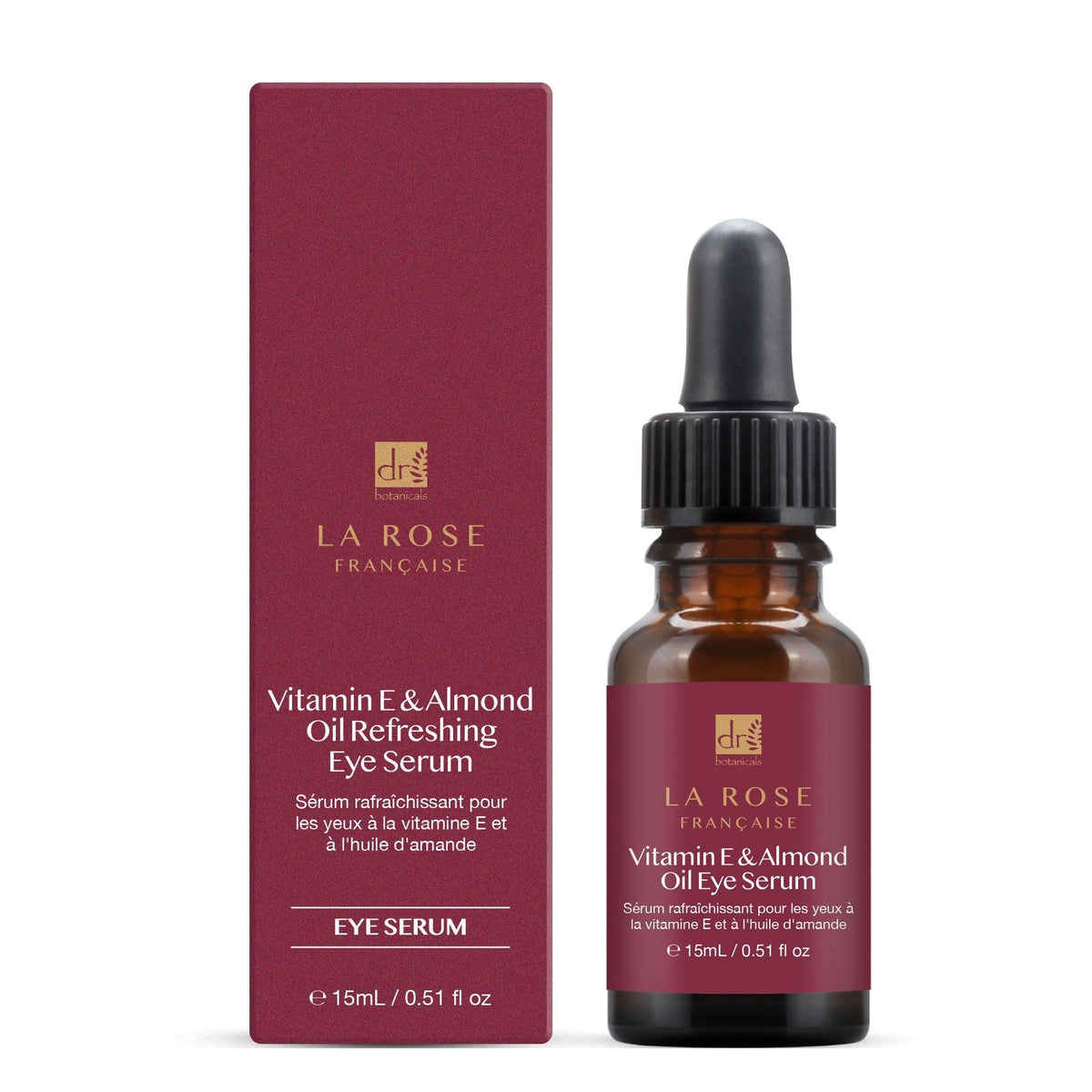 La Rose Française Vitamin E & Almond Oil Refreshing Eye Serum with packaging on a white background