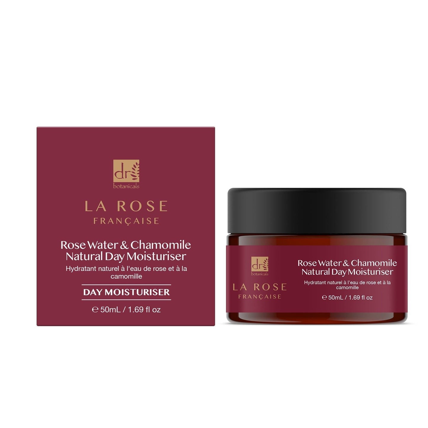 La Rose Française rose water and chamomile natural day moisturizer jar and packaging on a white background