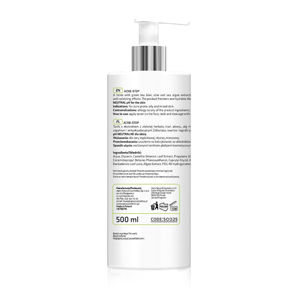 A 500 ml white pump bottle of acne stop treatment with a silver pump dispenser, shown from the back on a white background with a soft reflection.