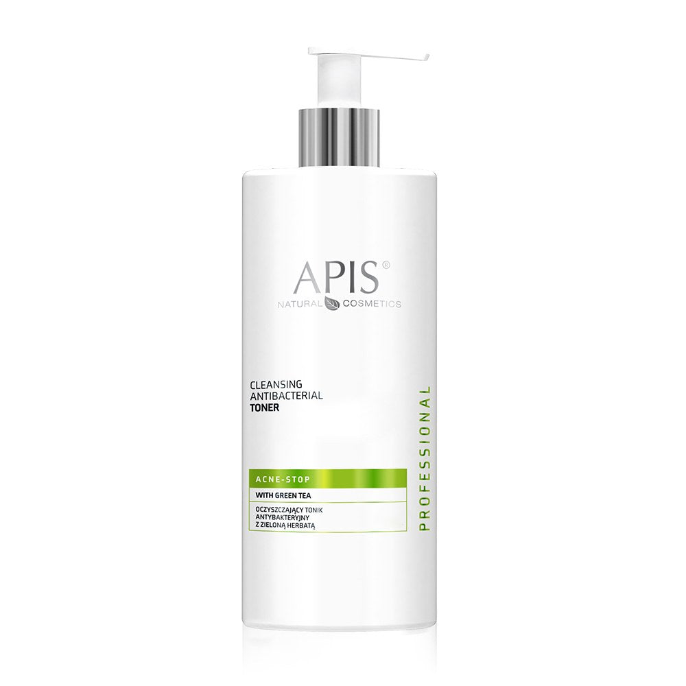A white bottle of Apis ACNE-STOP Antibacterial Cleansing Toner with Green Tea 500ml with a silver pump dispenser and a white applicator top, shown on a clean white background.