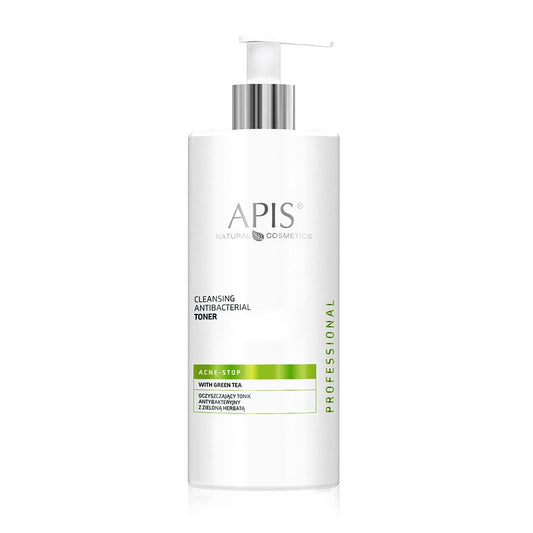 A white bottle of Apis ACNE-STOP Antibacterial Cleansing Toner with Green Tea 500ml with a silver pump dispenser and a white applicator top, shown on a clean white background.