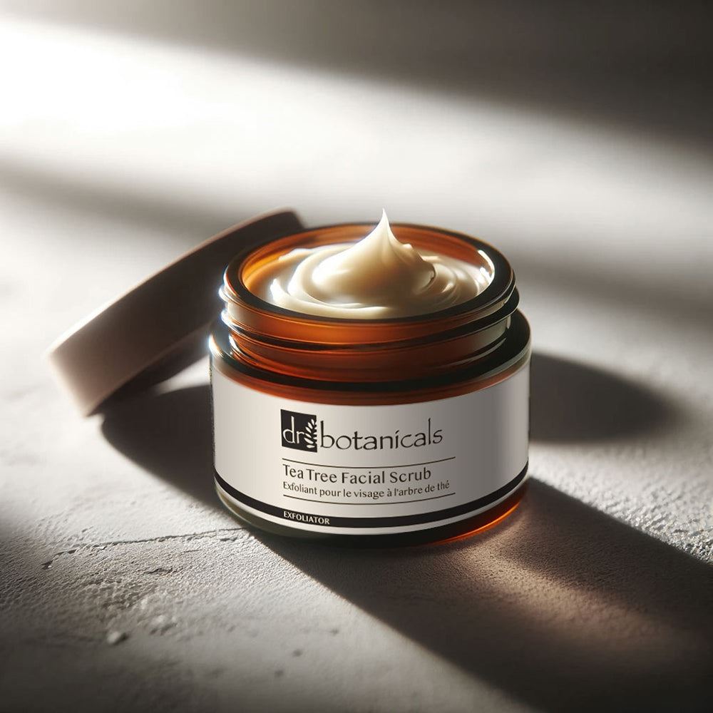 Jar of Dr. Botanicals Tea Tree Facial Scrub on a textured surface with soft lighting