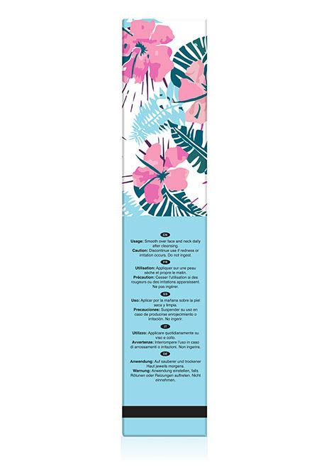 Floral design product packaging with text on a white background