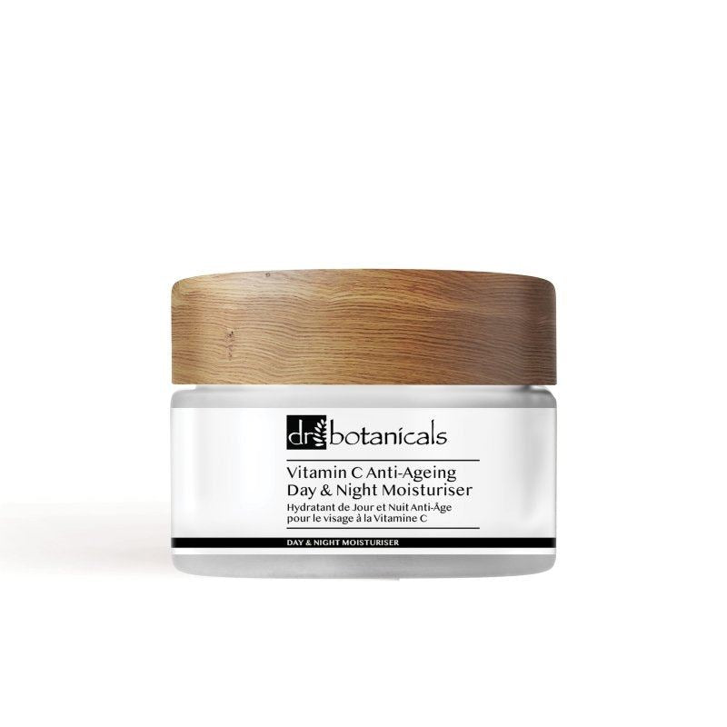 Dr Botanicals Vitamin C Anti-Ageing Day & Night Moisturiser jar with wooden lid on a white background
