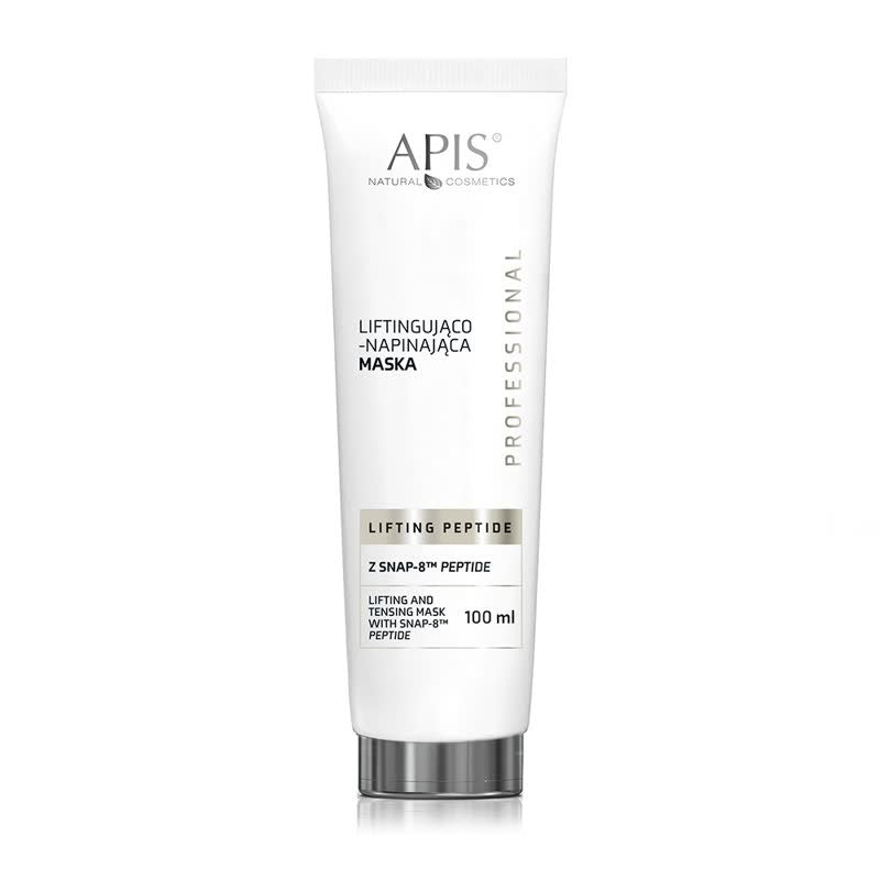 A 100 ml white squeeze tube of APIS Natural Cosmetics Lifting Peptide Mask, featuring a silver cap and black text on a clean white background.