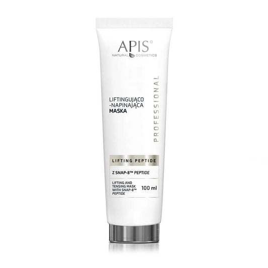 A 100 ml white squeeze tube of APIS Natural Cosmetics Lifting Peptide Mask, featuring a silver cap and black text on a clean white background.