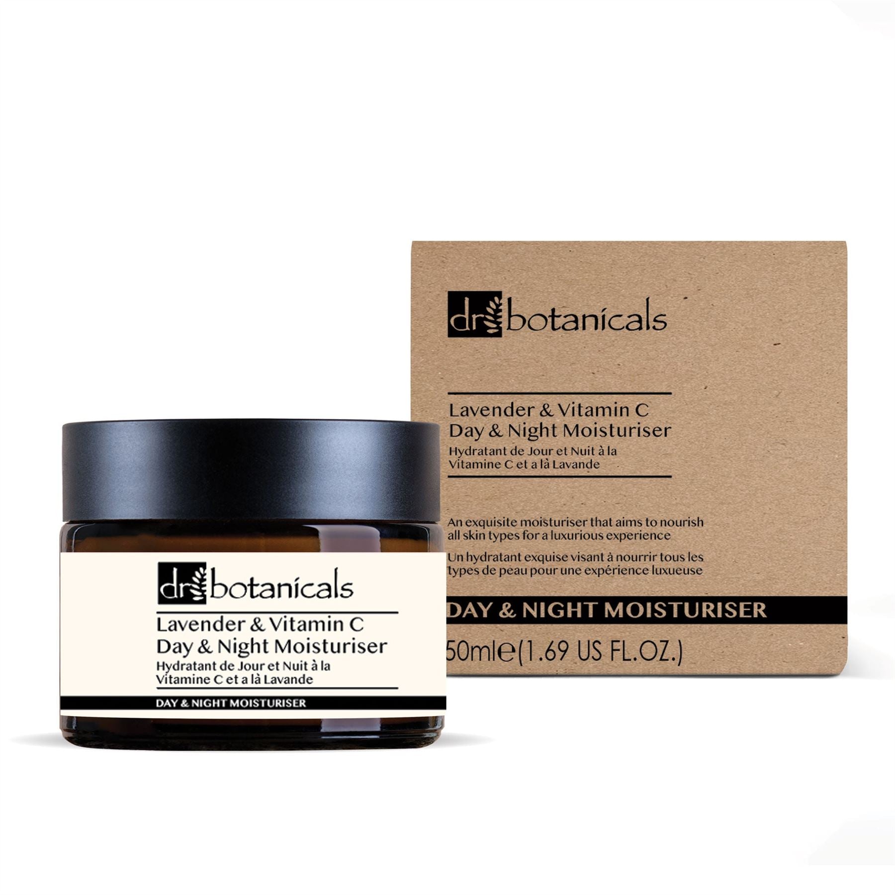 Dr. Botanicals Lavender & Vitamin C Day & Night Moisturizer with packaging on a white background