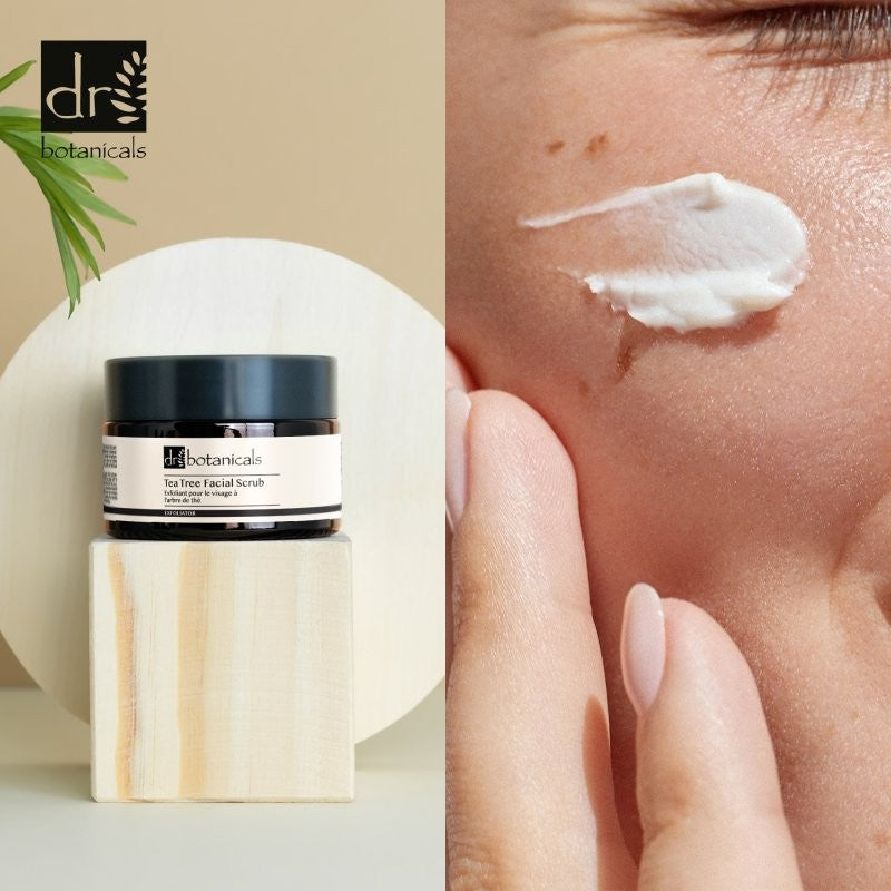 Dr Botanicals tea tree facial scrub with a close-up of skin being applied.