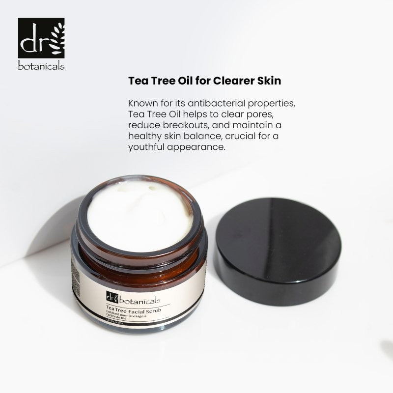 skinChemists Eucalyptus & Tea Tree Facial Scrub 50ml with text about its benefits on a white background