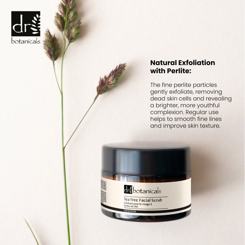 Jar of Dr. Botanicals Tea Tree Facial Scrub with text about natural exfoliation on a light background.
