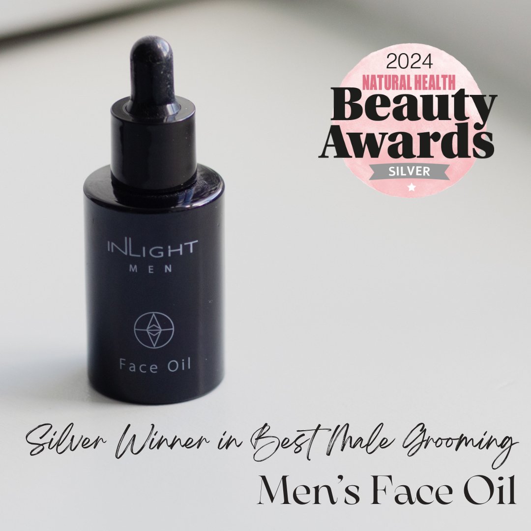Inlight Beauty Face Oil for Men 30ml bottle with 2024 Natural Health Beauty Awards silver badge on a light background