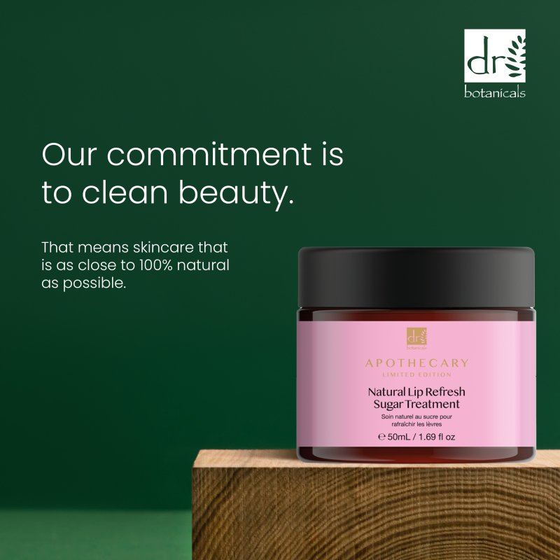Jar of Apothecary Natural Lip Refresh Sugar Treatment on a wooden block with a green background and Dr Botanicals logo.