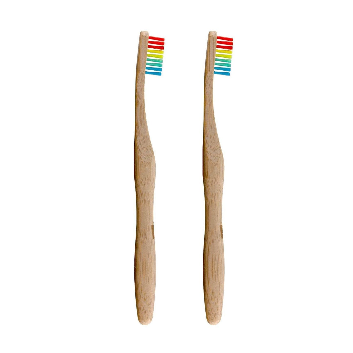 Two bamboo toothbrushes with rainbow bristles on a white background