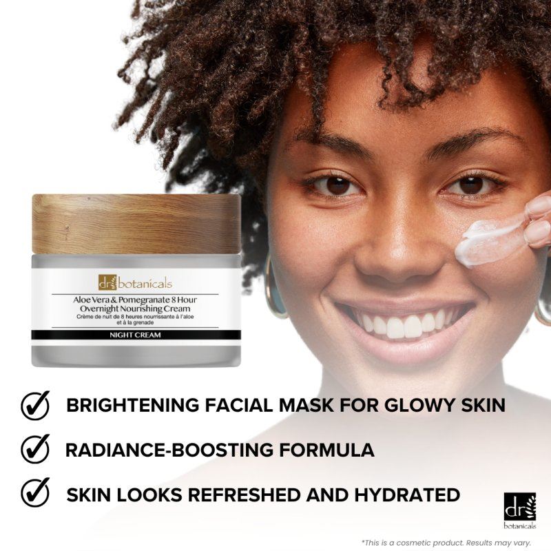 Woman applying cream to her face with a jar of cream labeled 'dr. botanicals' on a white background.