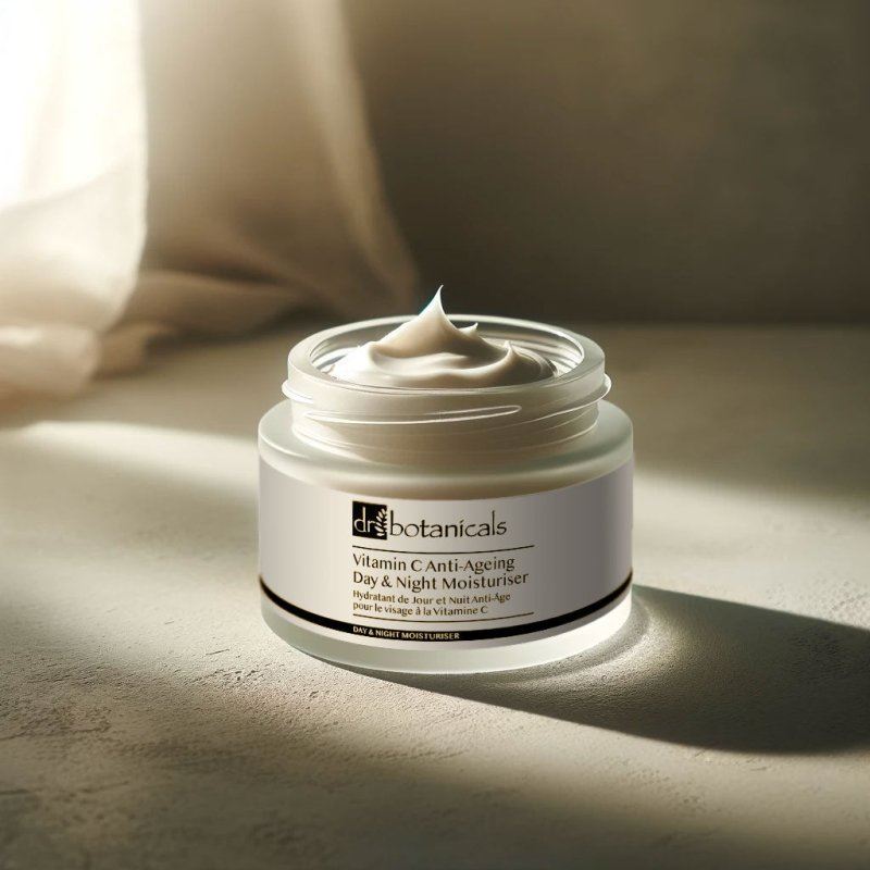 Jar of Dr. Botanicals Vitamin C Anti-Ageing Day & Night Moisturizer on a neutral background