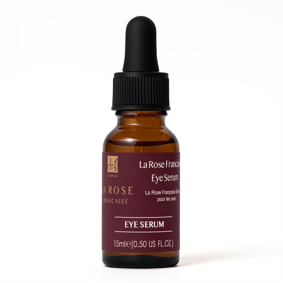Brown glass bottle of La Rose Française Eye Serum with dropper on a white background