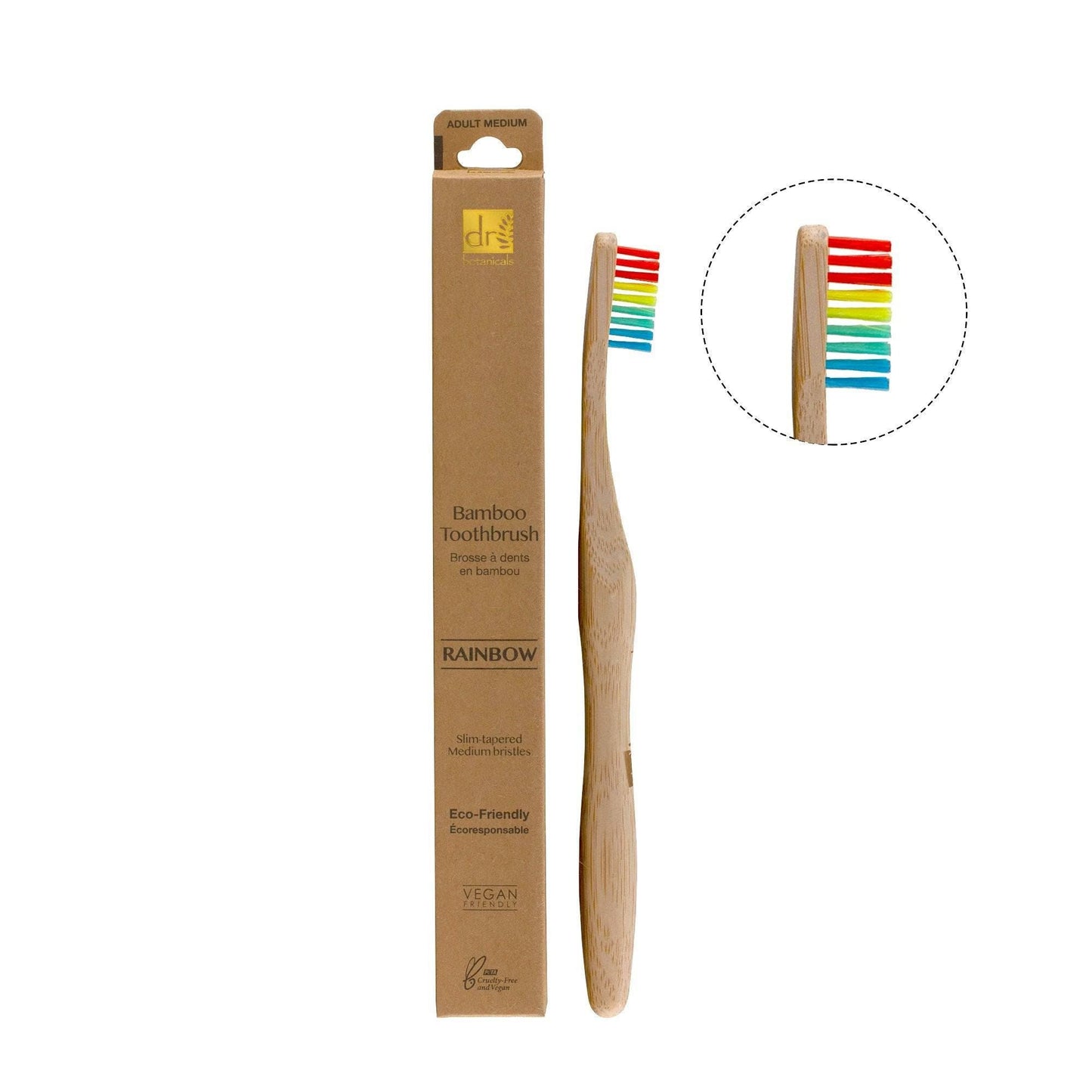 Bamboo toothbrush with rainbow bristles and packaging on a white background