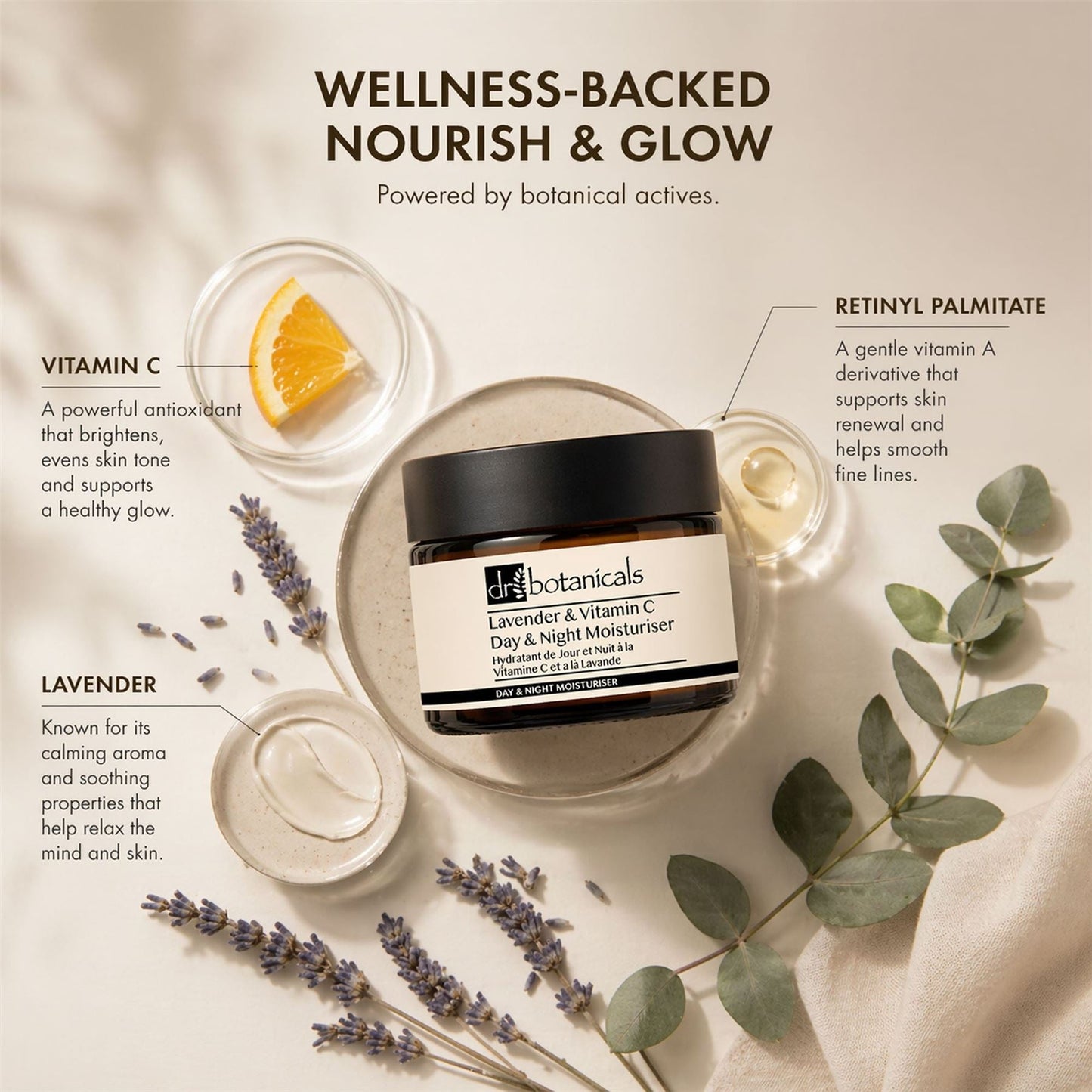 Dr Botanicals Lavender & Vitamin C Day & Night Moisturizer with botanical elements on a light background