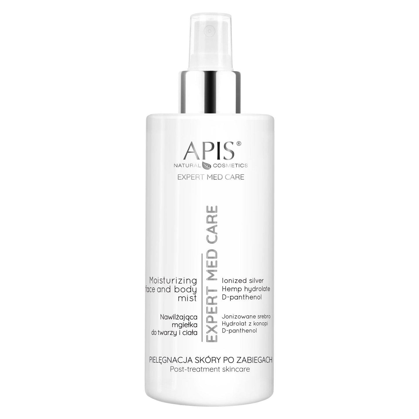 A white bottle of APIS Naturals Cosmetics Expert Med Care Moisturizing Skin and Body Mist with a silver pump, on a solid white background.