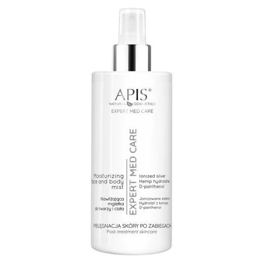 A white bottle of APIS Naturals Cosmetics Expert Med Care Moisturizing Skin and Body Mist with a silver pump, on a solid white background.