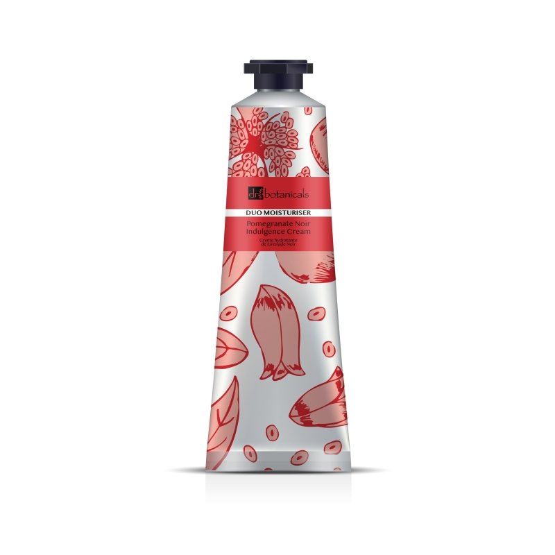Dr Botanicals Pomegranate Noir Indulgence Cream with red and white design on a white background