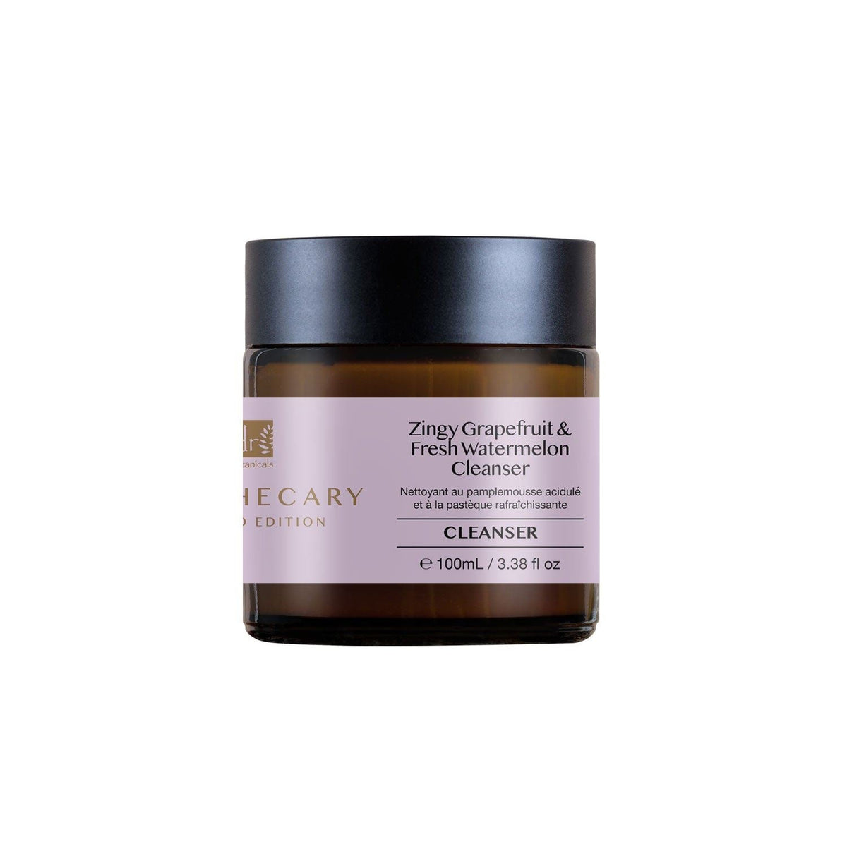 Skincare jar with black lid and pink label on a white background