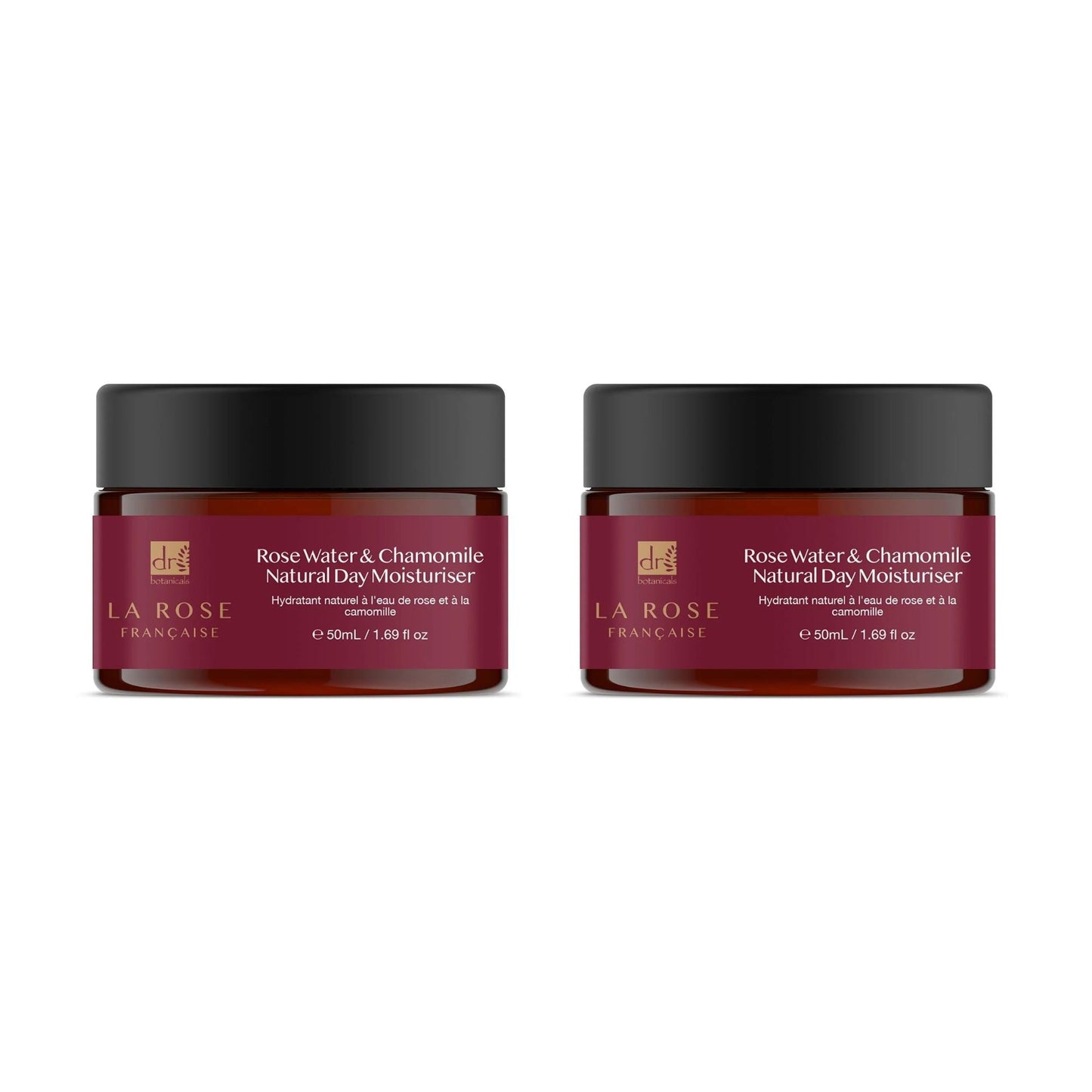 Two jars of La Rose Française Rose Water & Chamomile Natural Day Moisturizer on a white background