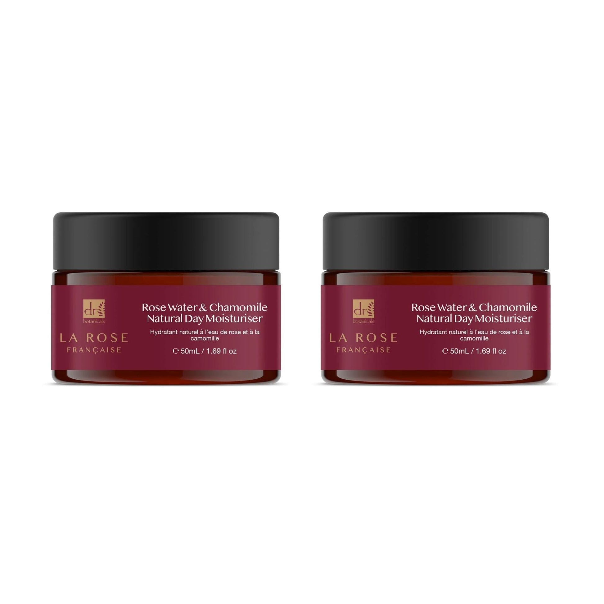 Two jars of La Rose Française Rose Water & Chamomile Natural Day Moisturizer on a white background