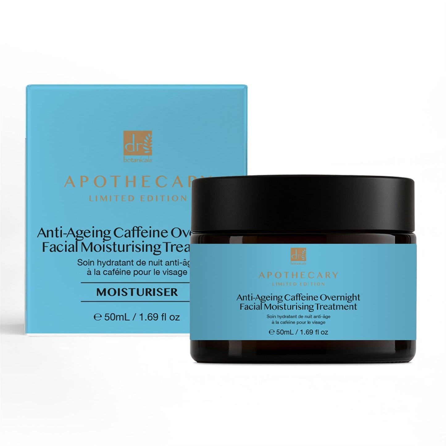 Apothecary Anti-Ageing Caffeine Overnight Facial Moisturising Treatment jar and box on a white background