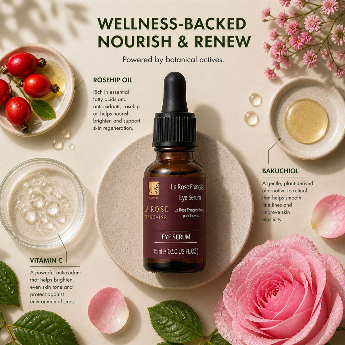 Eye serum bottle with botanical elements and text on a light background