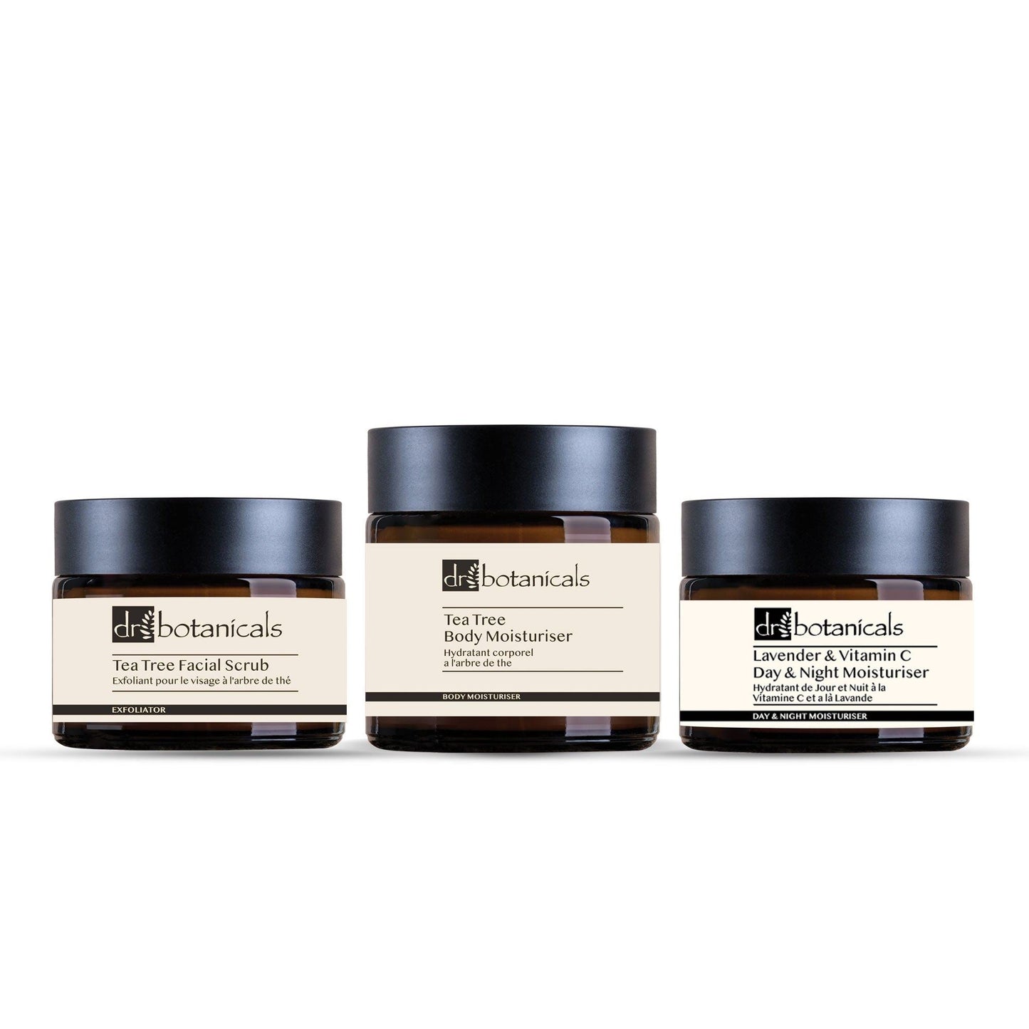 Three jars of Dr Botanicals skincare products on a white background