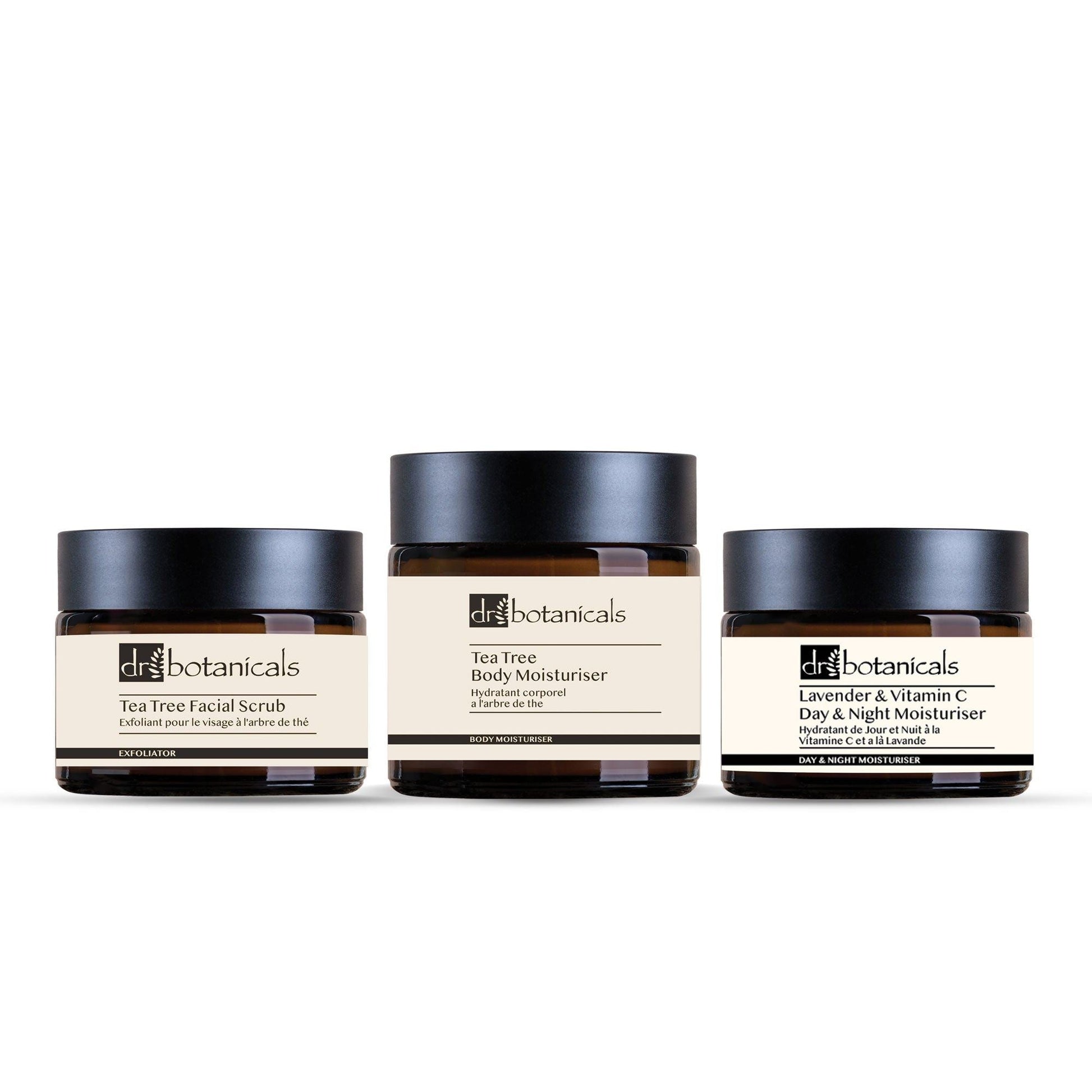 Three jars of Dr Botanicals skincare products on a white background