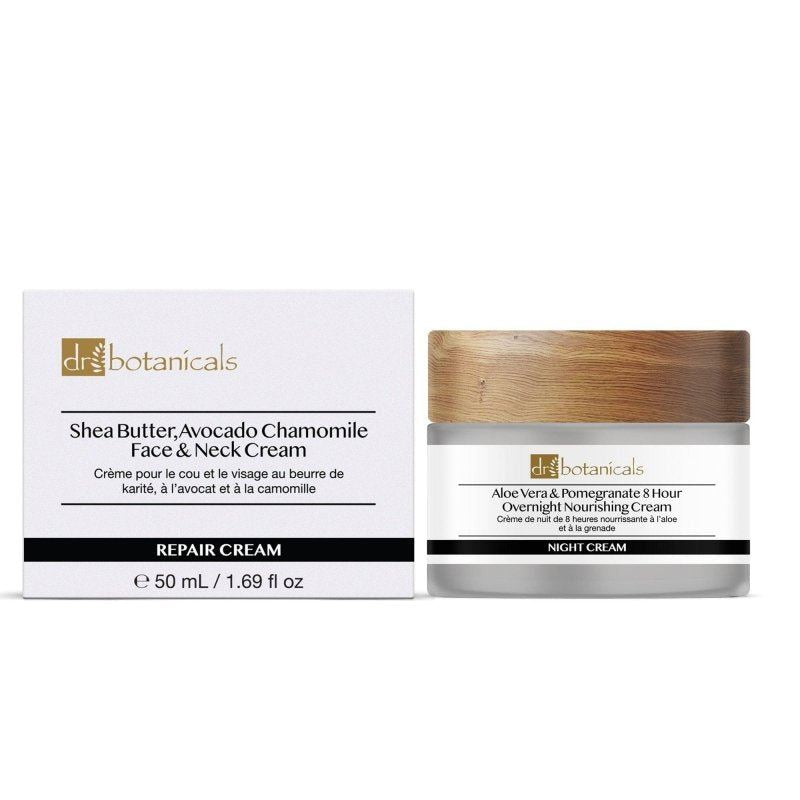 Dr. Botanicals shea butter, avocado, chamomile face and neck cream with packaging on a white background