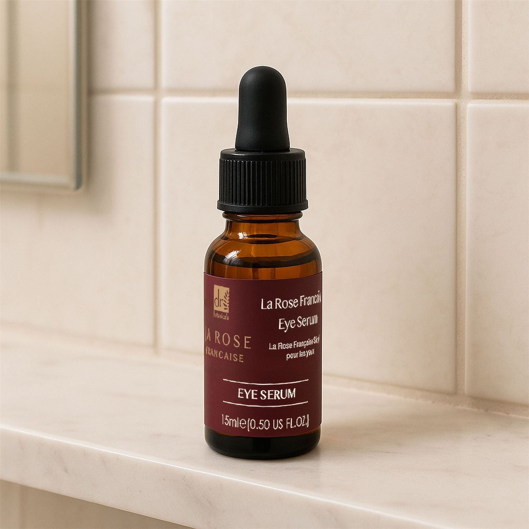 Bottle of La Rose Française Eye Serum on a bathroom counter