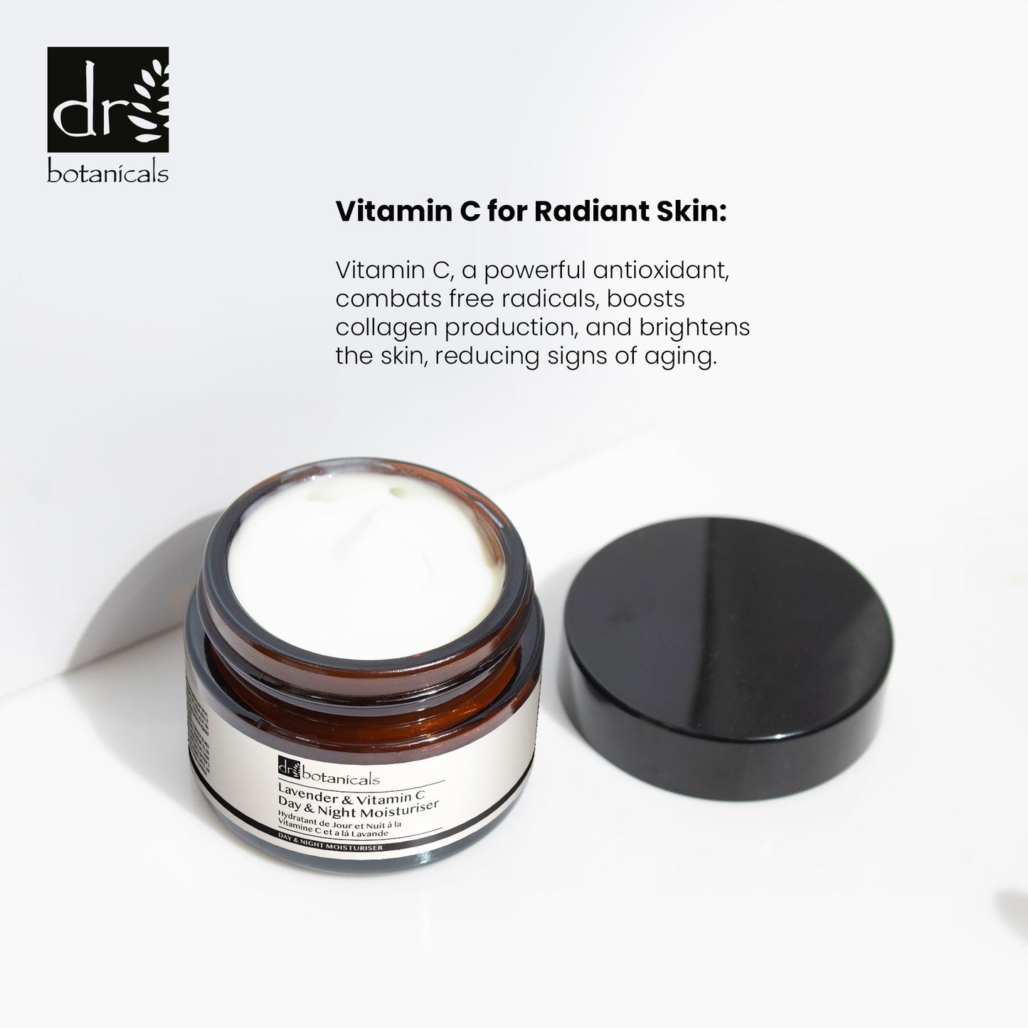 Dr Botanicals Vitamin C day and night moisturizer with text about its benefits on a white background
