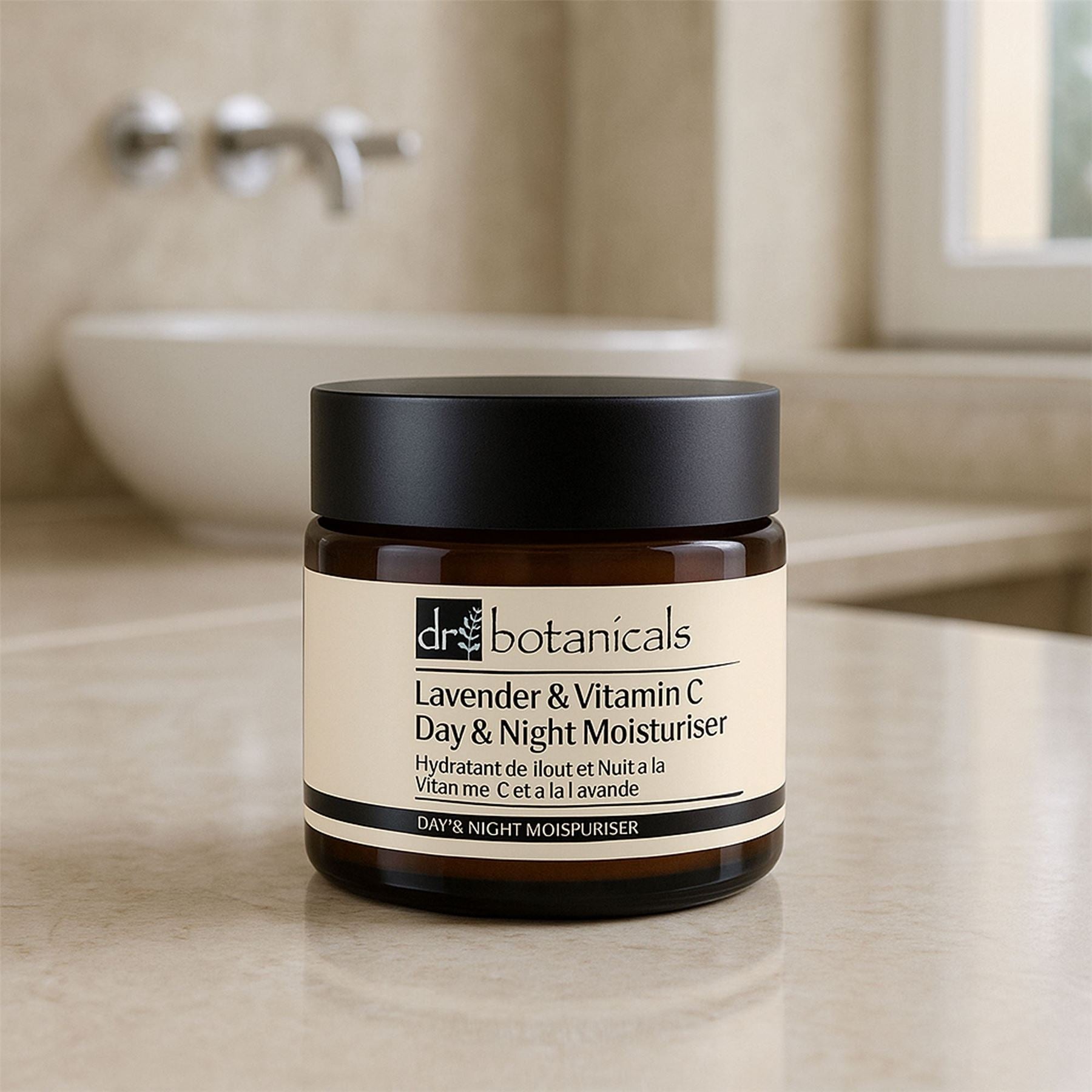 Jar of Dr. Botanicals Lavender & Vitamin C Day & Night Moisturizer on a bathroom counter.