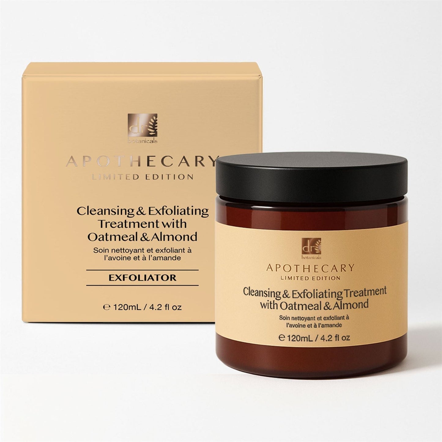 Apothecary cleansing and exfoliating treatment jar and box on a white background