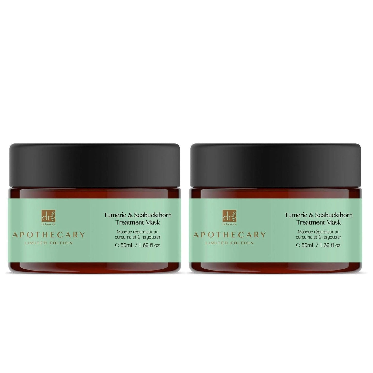 Two jars of Apothecary Tumeric & Seabuckthorn Treatment Mask on a white background