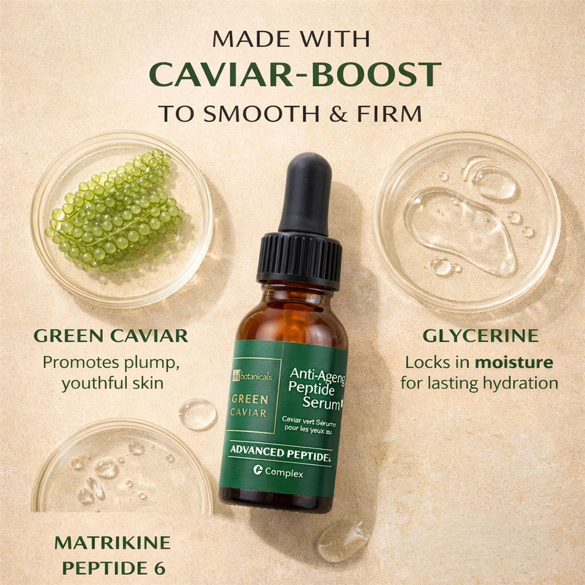 Anti-aging peptide serum bottle with caviar and glycerine text on a beige background