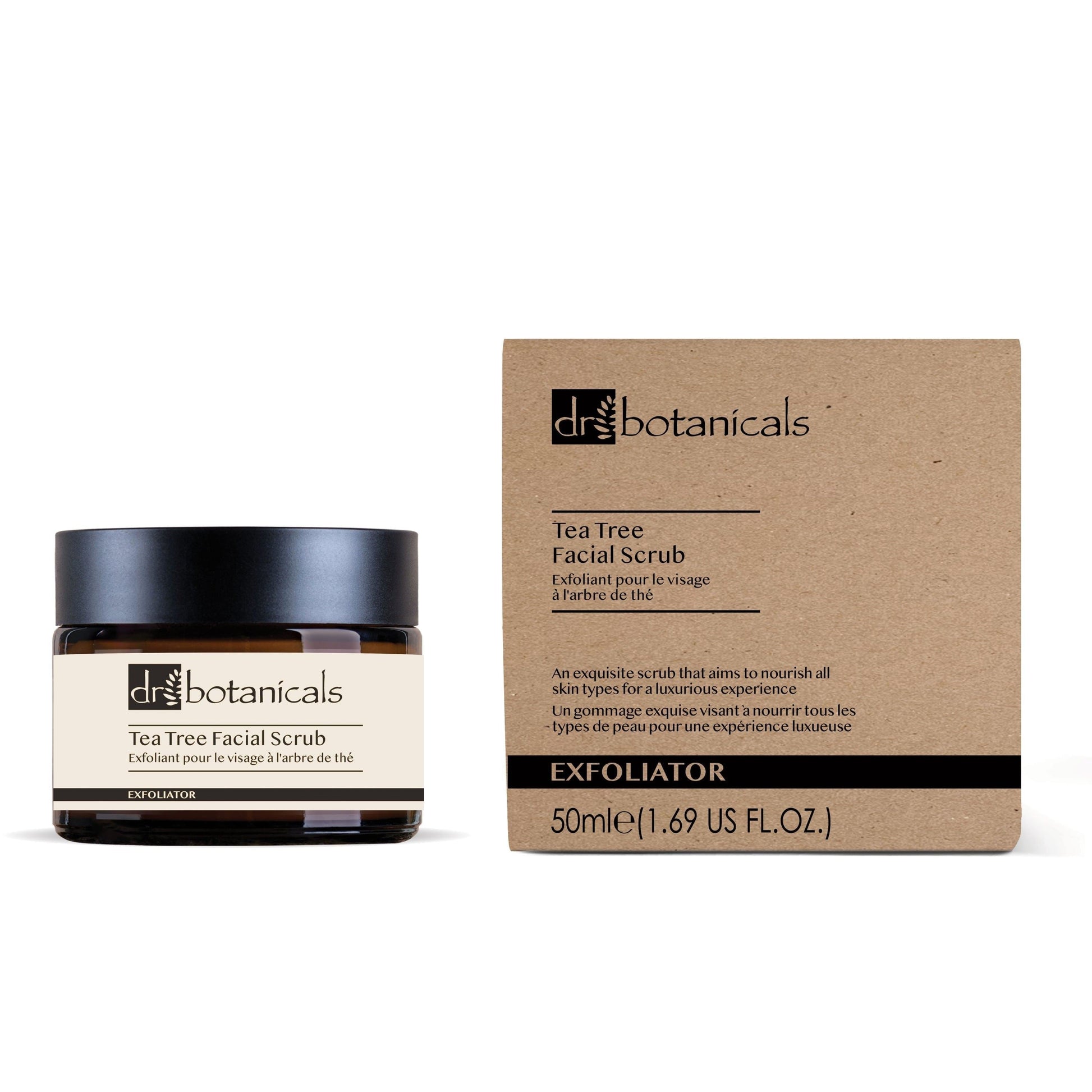 Dr. Botanicals Tea Tree Facial Scrub jar and box on a white background