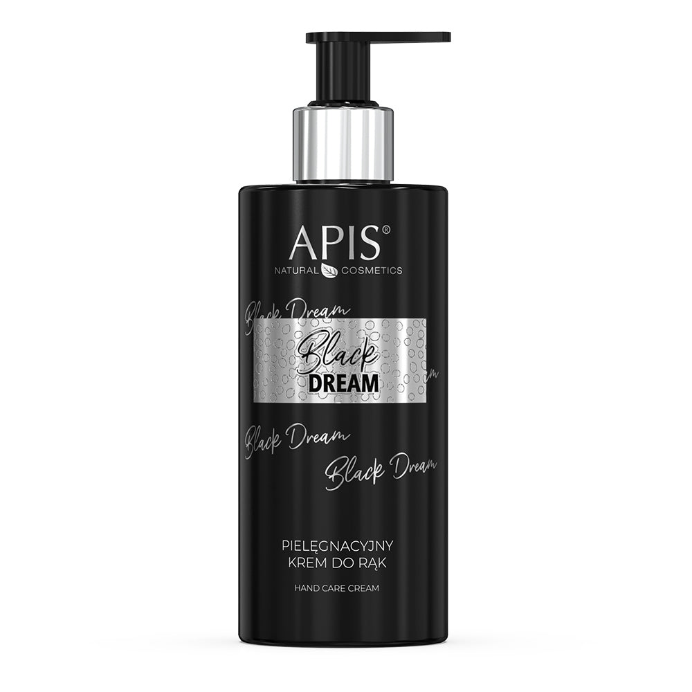 Apis Black Dream Nourishing Hand Cream 300ml, featuring a silver metallic label and white text, set against a plain white background.