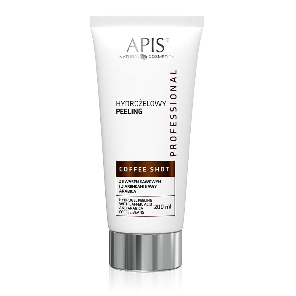 Tube of APIS Hydrogel Peeling with coffee shot flavor on a white background