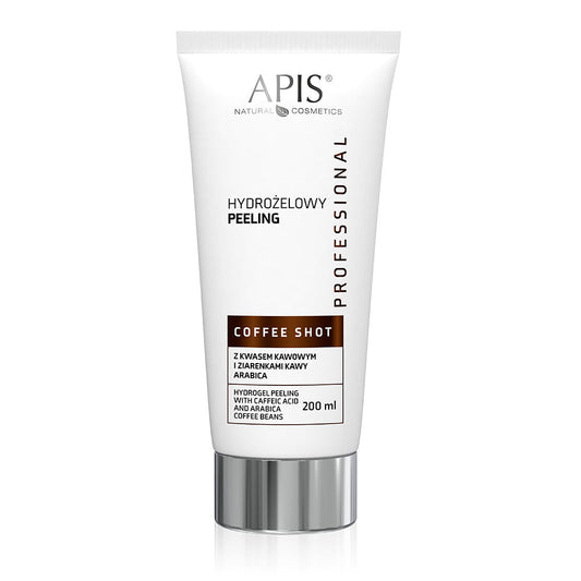 Tube of APIS Hydrogel Peeling with coffee shot flavor on a white background