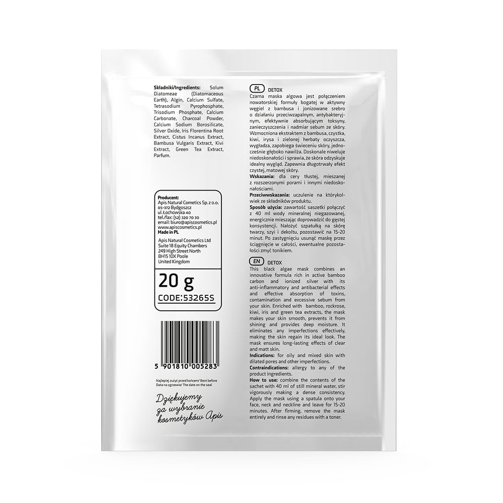 Apis Detox Algae Mask | Bamboo Charcoal & Ionised Silver | 20g